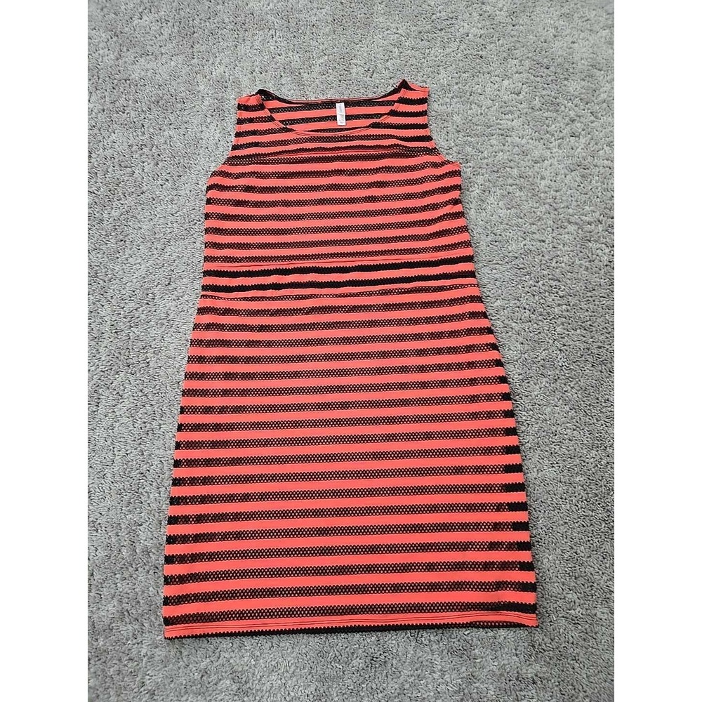 Xhilaration Bodycon Dress Womens XL Coral Pink Black Stripe Sleeveless Lined 80s
